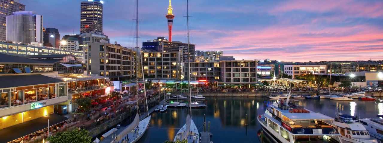 Restaurants And Bars In Auckland's Viaduct Harbour At Night